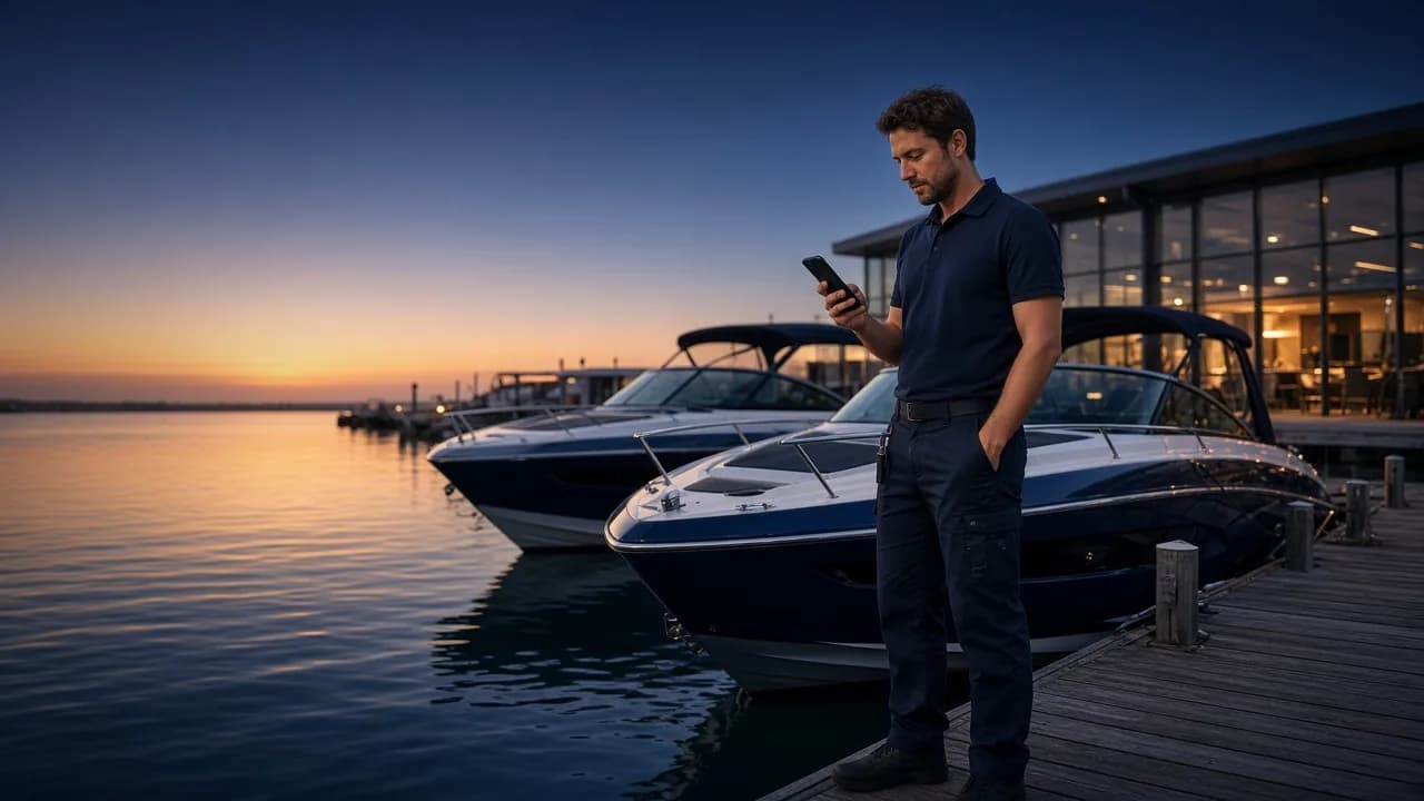 A marine technician with a phone on the dock beside a premium motorboat at a dealership marina in the evening