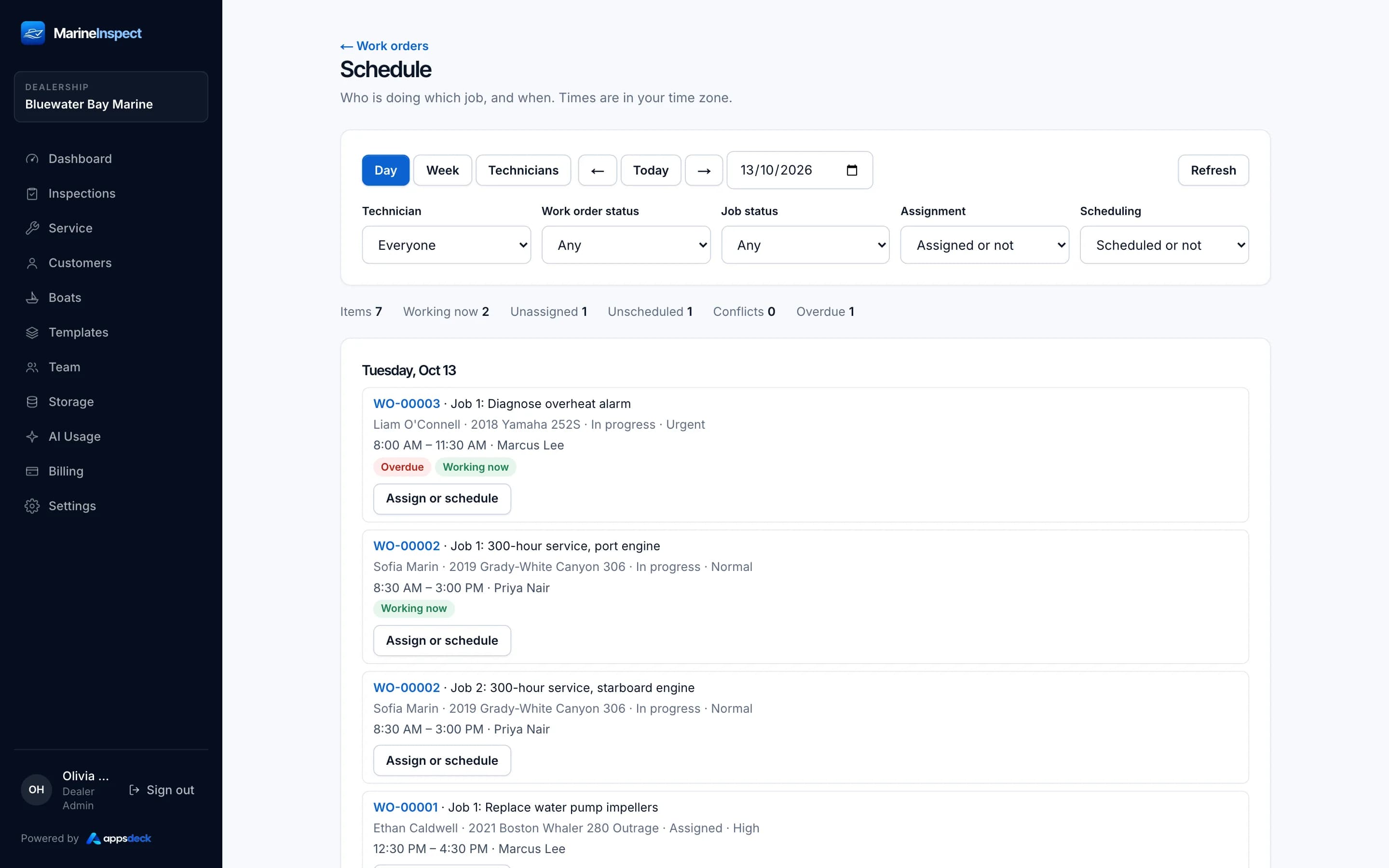 Marine Apps desktop portal: scheduling: day view