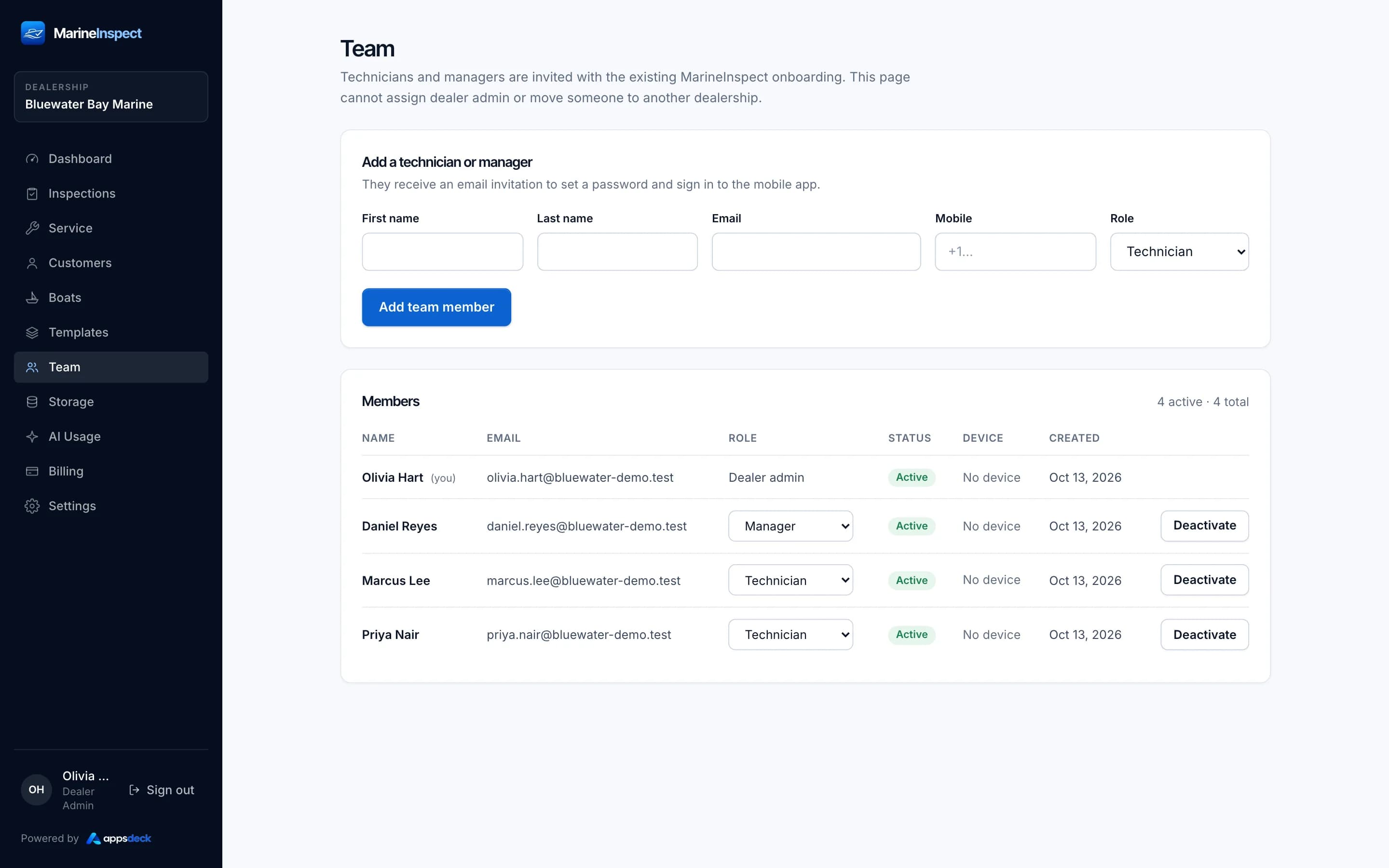 Marine Apps desktop portal: team management