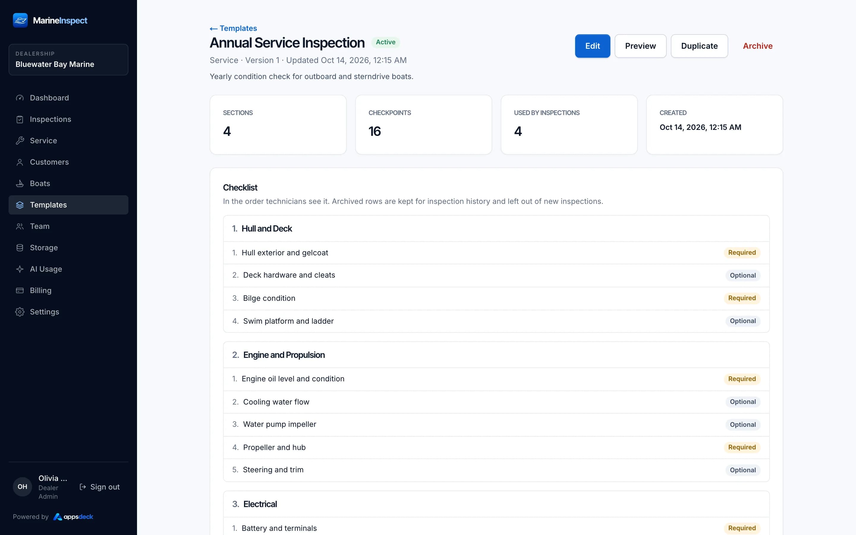 Marine Apps desktop portal: inspection template